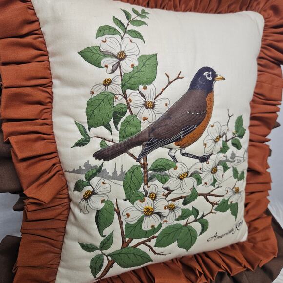 Vintage American Robin Throw Pillow with Brown Ruffle Trim - Picture 3 of 5